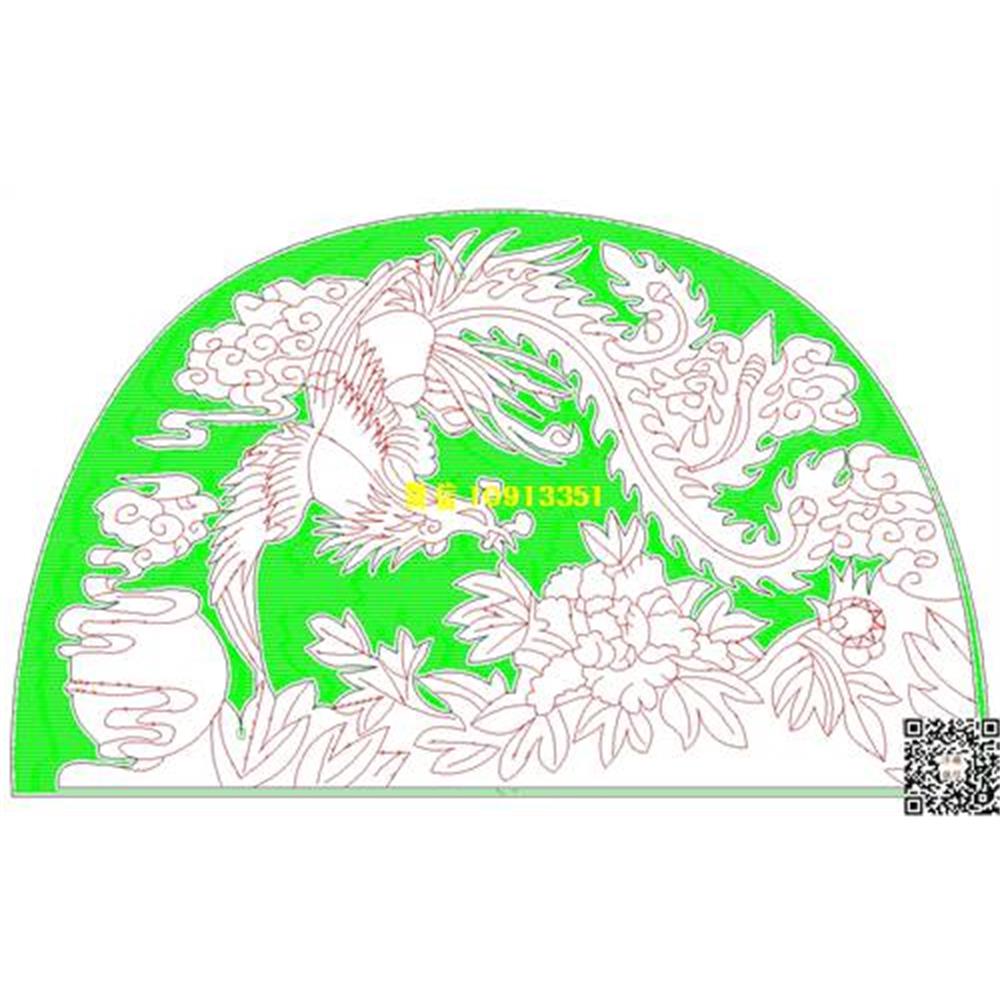 精雕图57凤凰牡丹墓碑碑头线雕图线条图单线铣底图_电脑雕刻plt文泰矢量图精雕图浮雕图